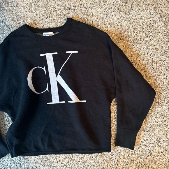 Calvin Klein CK Monogram Logo Dolman Sleeve Cropped Sweater Cotton Black/White - Picture 4 of 12